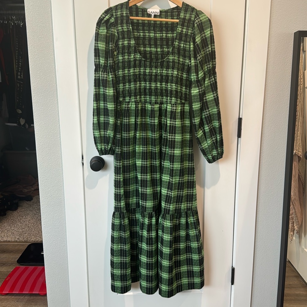 GANNI Check U Neck Long Sleeve Organic Cotton Maxi Dress